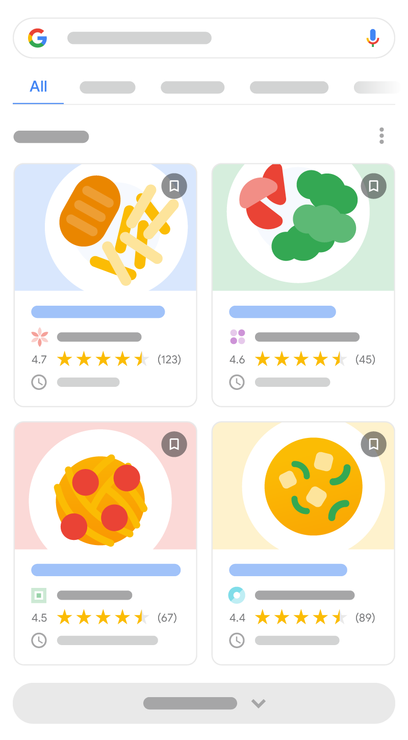 Google search results with food recipe cards showing dish images, ratings, and review counts.