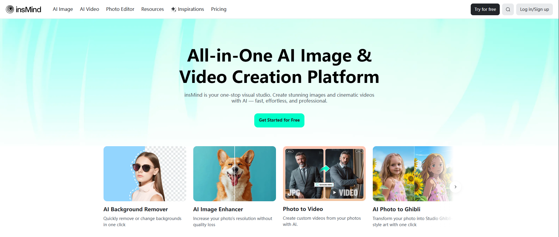 Homepage of insMind AI platform offering tools for background removal, image enhancement, photo-to-video, and AI art.
