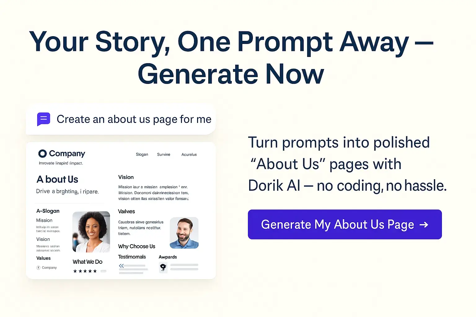 Dorik AI banner promoting About Us page generation with editor preview and a call-to-action button.
