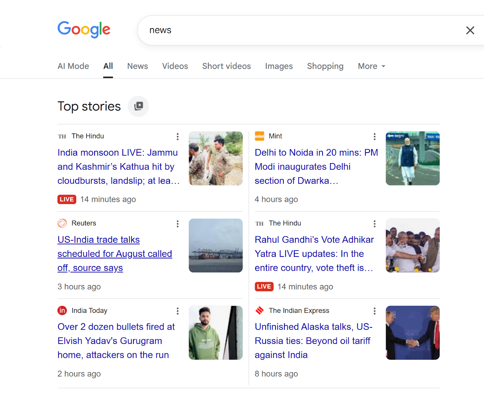 Google search “news” showing top stories carousel with articles from multiple publishers.