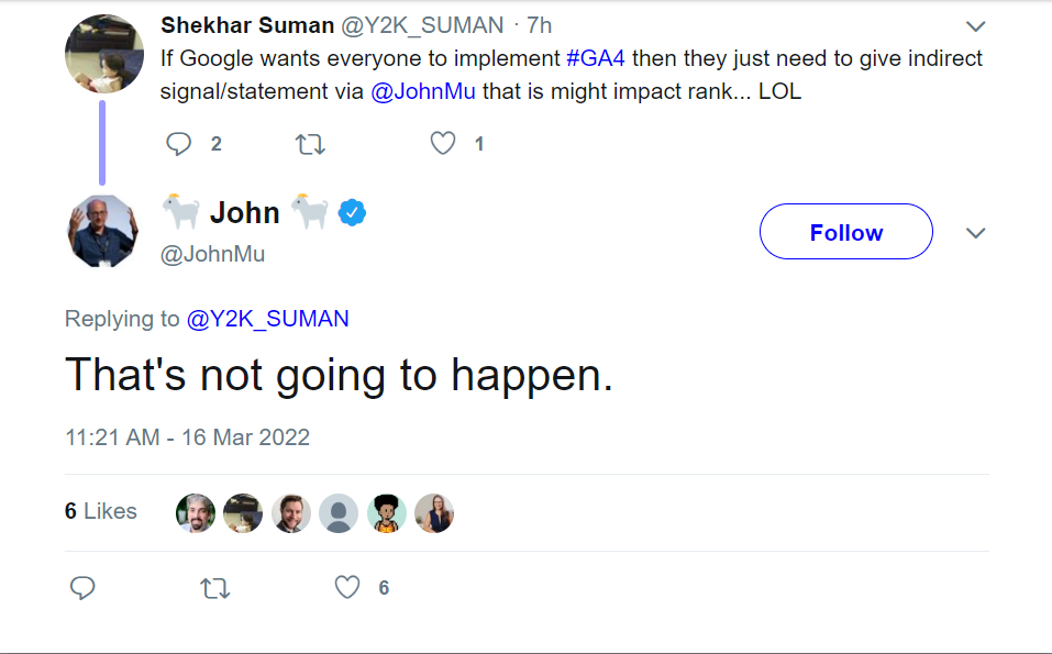 John Mueller replies that using GA4 as a ranking signal is not going to happen.