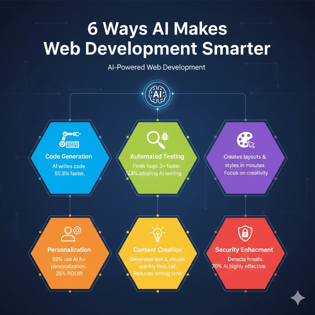 Infographic showing 6 ways AI improves web development, including code generation and automated testing.