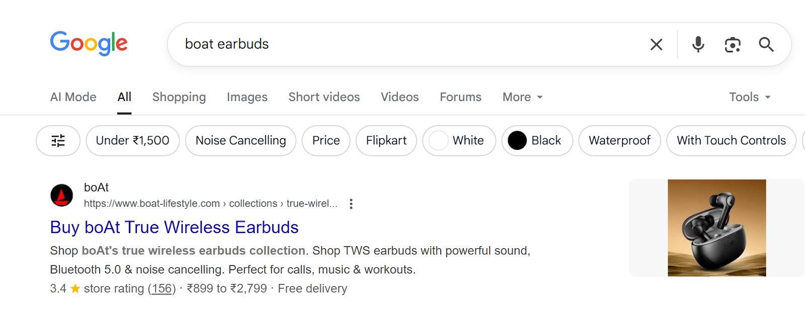 Google search ad for boAt earbuds with price range, ratings, and product details.