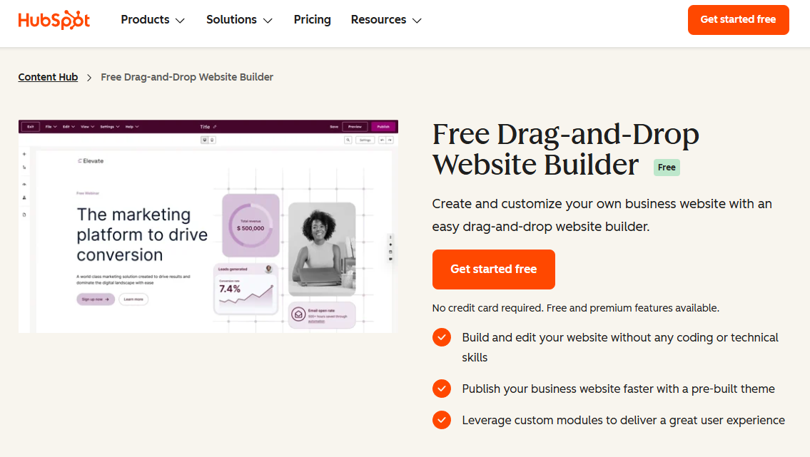 HubSpot landing page promoting a free website builder with product screenshot and benefit bullets.