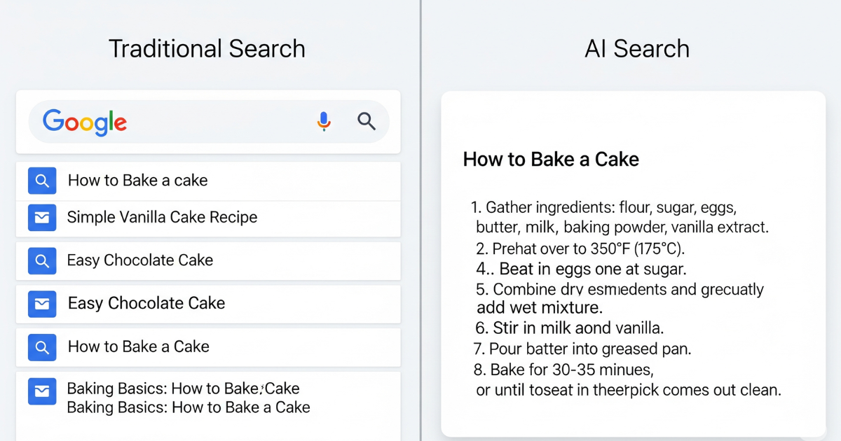 Side-by-side comparison of traditional search results versus AI search showing a cake recipe example.