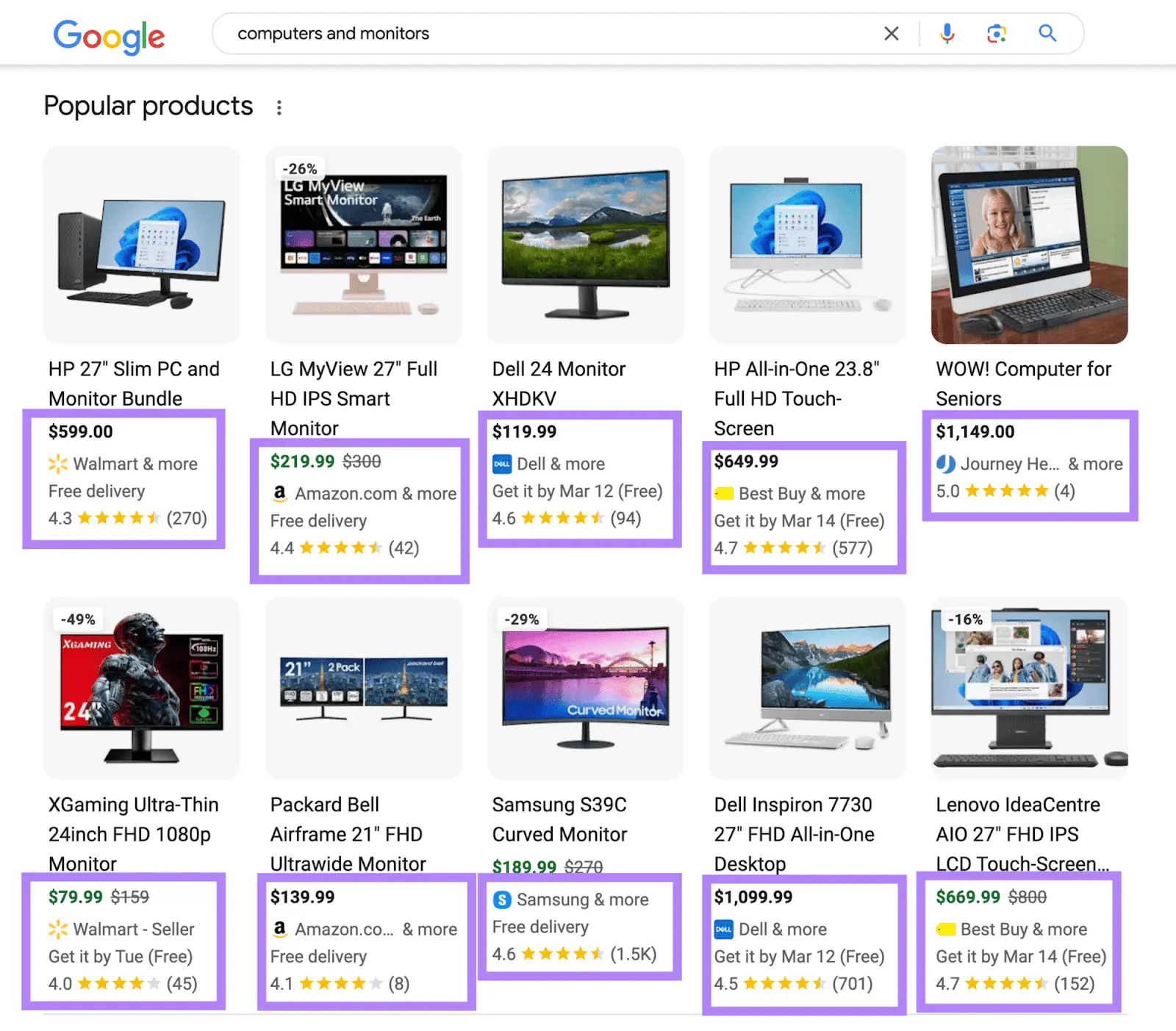 Google shopping results for computers and monitors with product images, prices, and ratings.