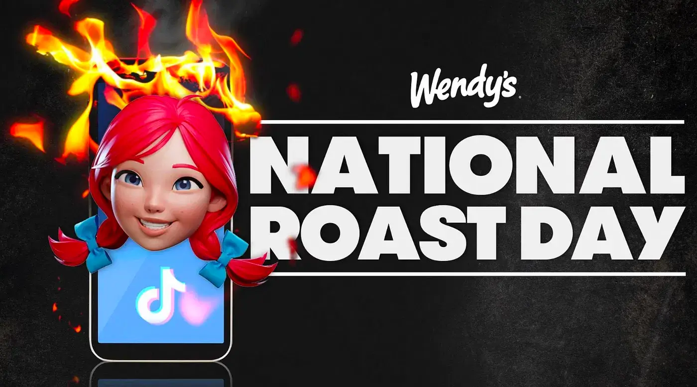 Illustration de la « Journée nationale du roast » de Wendy’s, représentant un téléphone en flammes, le logo TikTok et la mascotte de Wendy’s surgissant de l’image.