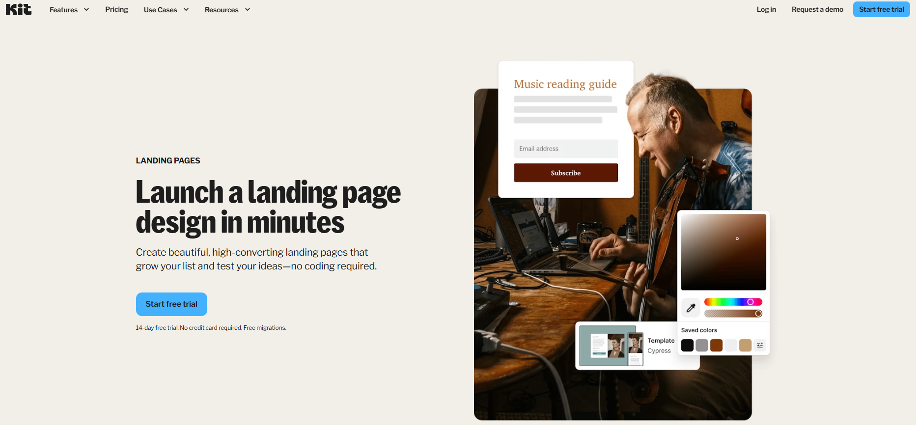Landing page builder promo from Kit with creator workspace image, design tools, and free trial CTA.