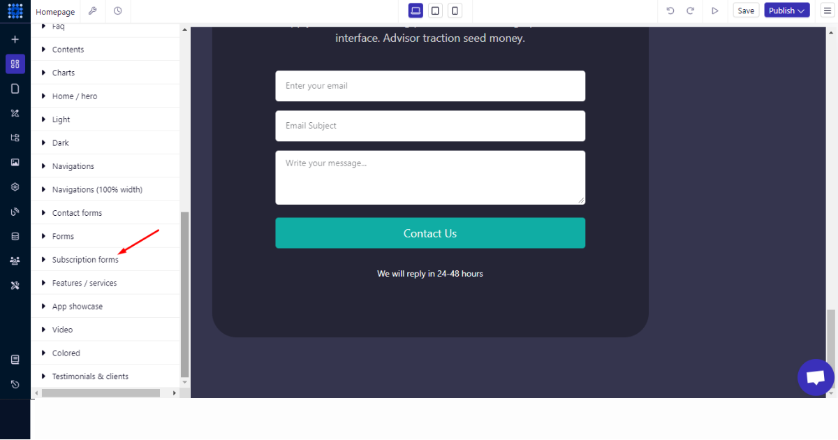 Click the Subscription forms component