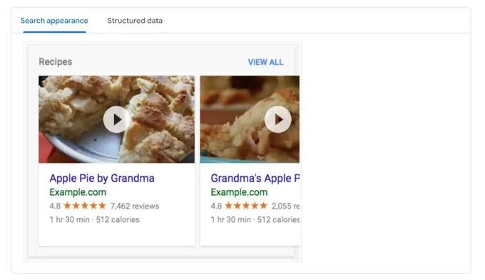 Google search result showing recipe rich snippets with Apple Pie cards, ratings, and reviews.