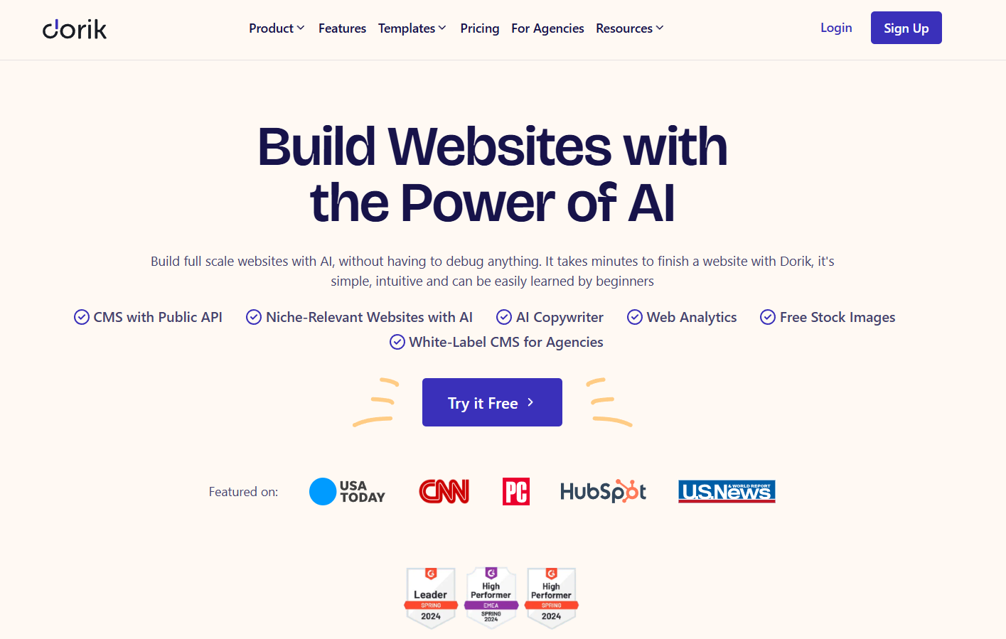 Dorik landing page showing AI website builder headline, feature bullets, Try it Free button, and press logos.