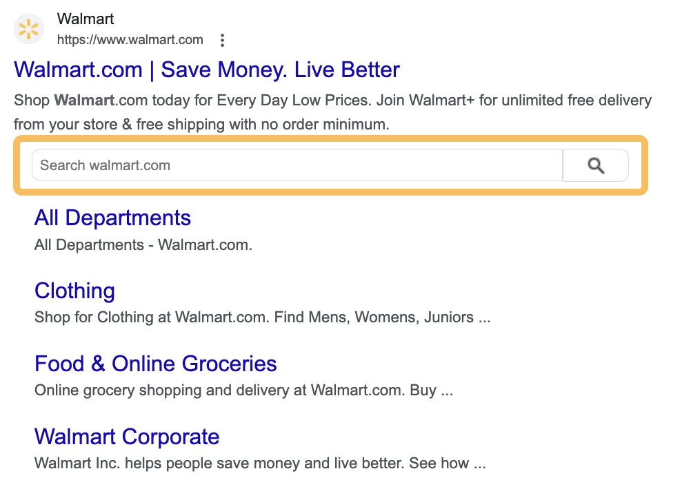 Google search result for Walmart with site links and an integrated site search box.