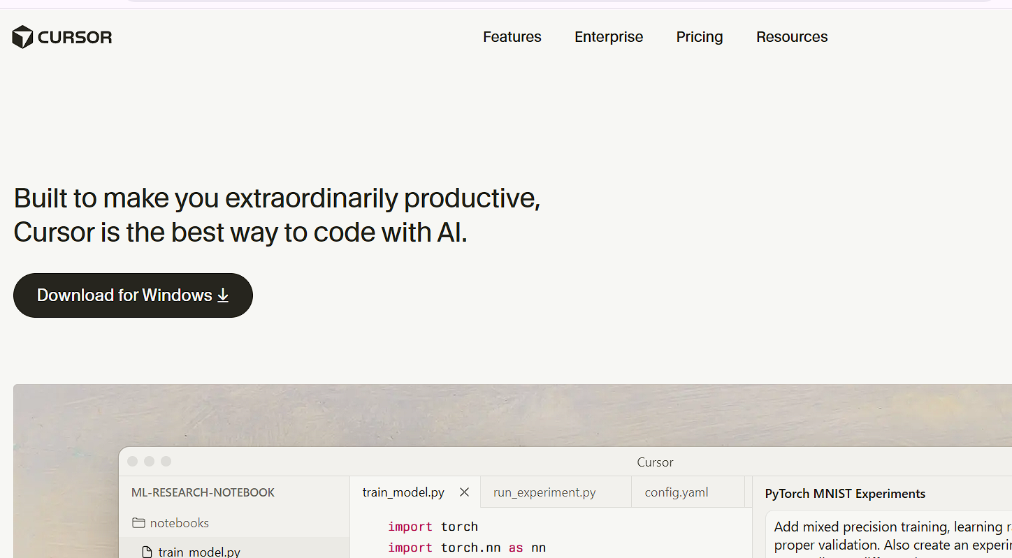 Cursor website showing its AI coding assistant for increased productivity and faster development.