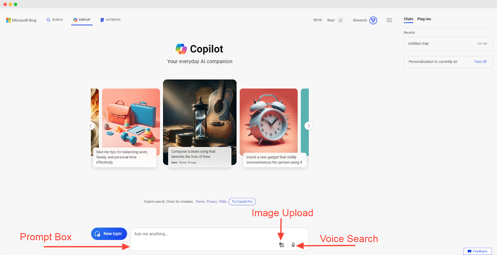 Copilot homepage with image upload, voice search and text prompt options highlighted