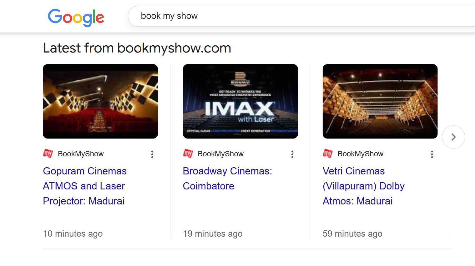Google search “book my show” showing latest cinema listings and IMAX events.