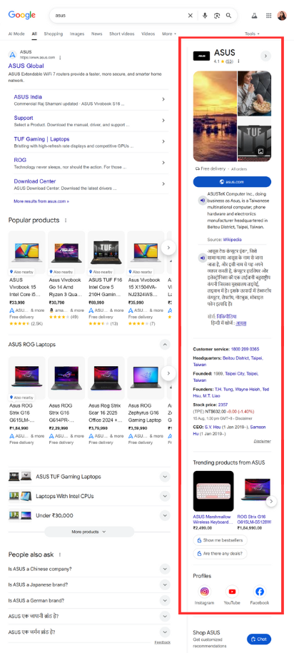 Google search results for ASUS showing knowledge panel with brand details, products, and social links.