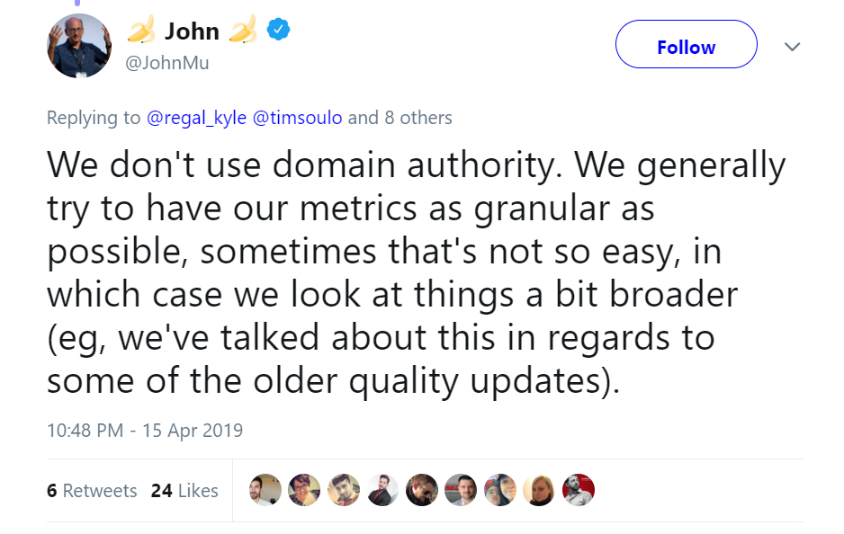 John Mueller states Google does not use domain authority as a ranking factor.
