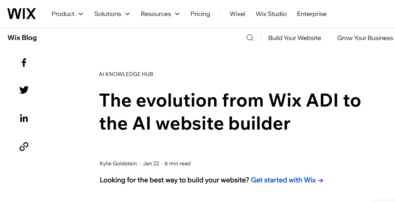 Wix blog page explaining the evolution from Wix ADI to advanced AI-powered website building.