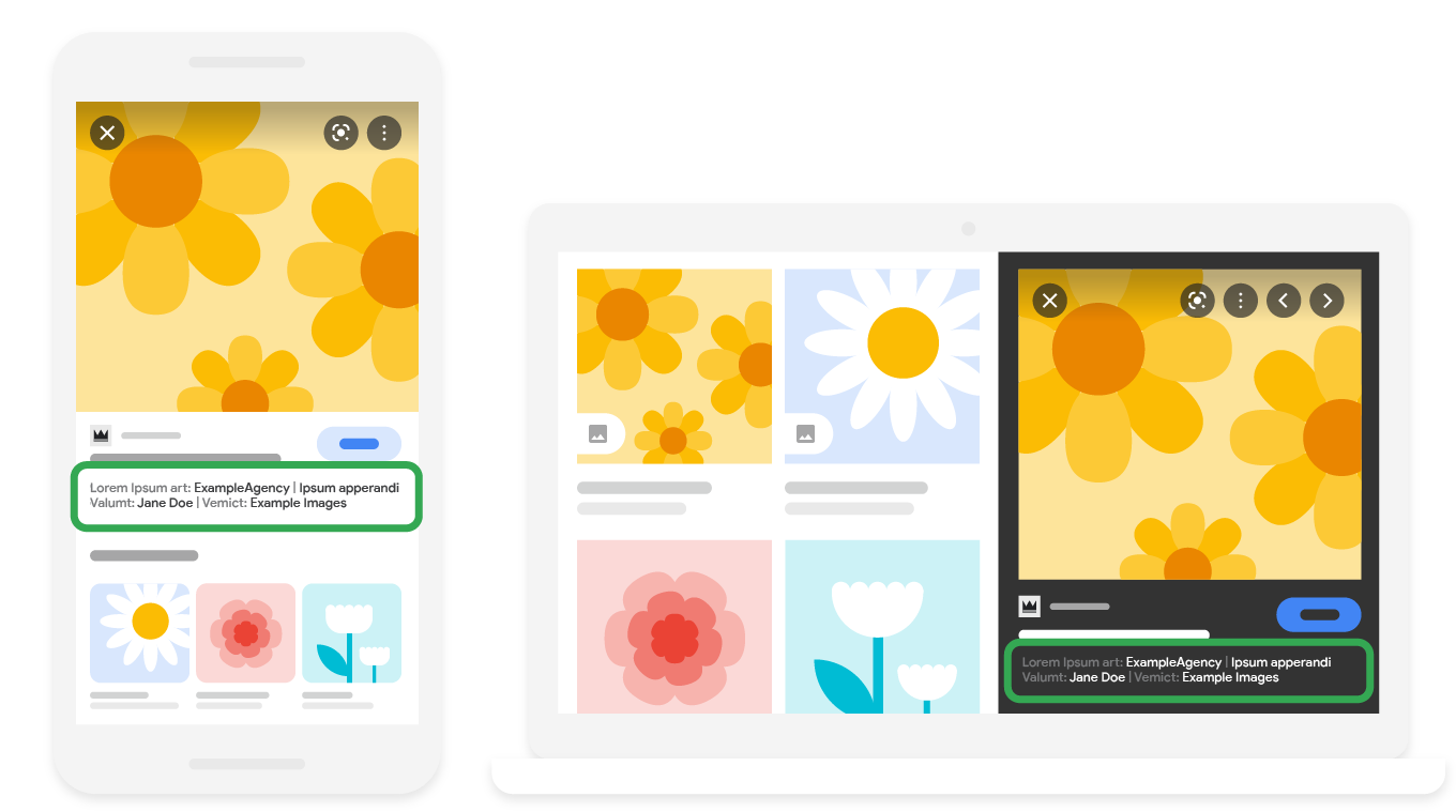 Example of image schema showing art metadata on Google image results for phone and desktop views.