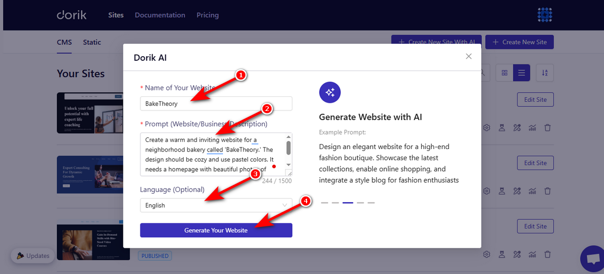 Dorik AI prompt window