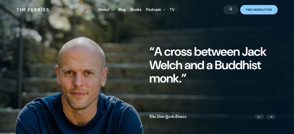 Website homepage with Tim Ferriss's portrait and New York Times quote describing him.