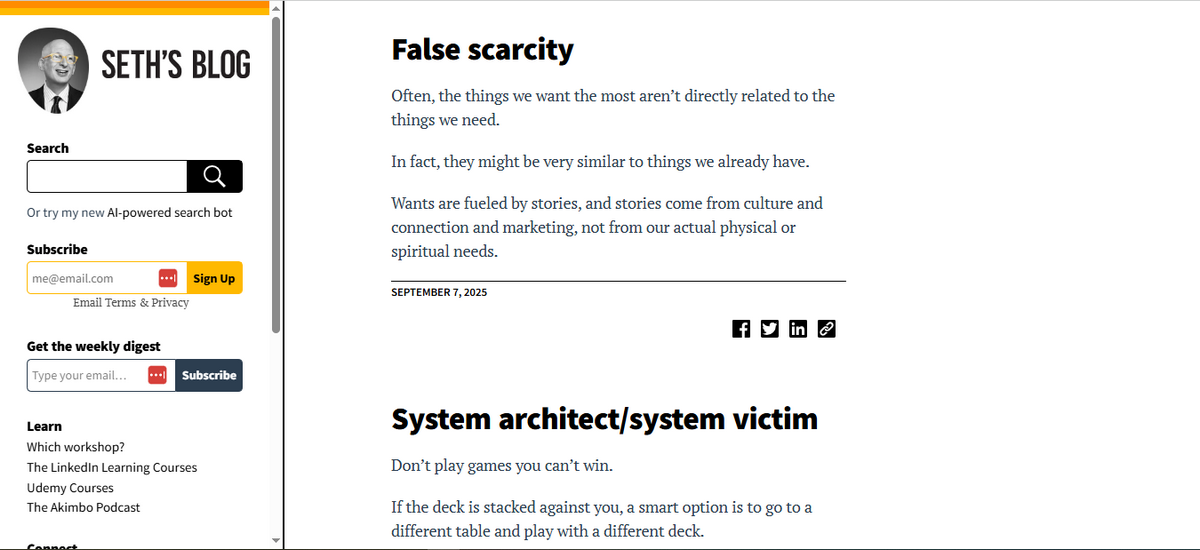 Seth’s Blog homepage showing posts titled 