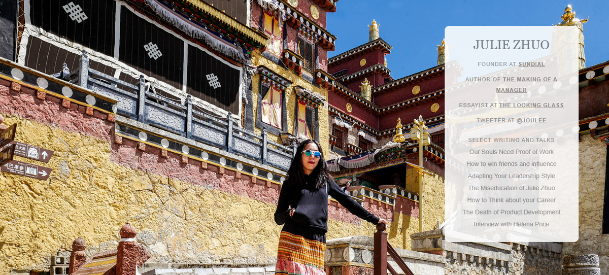 Julie Zhuo’s website homepage with author bio overlay on a colorful traditional building background.