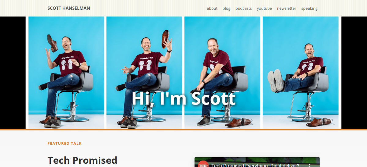 Scott Hanselman homepage with photos of him sitting playfully and text saying 