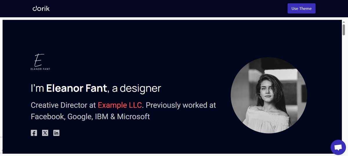 Eleanor Fant portfolio template with bio listing her as designer and creative director at Example LLC.