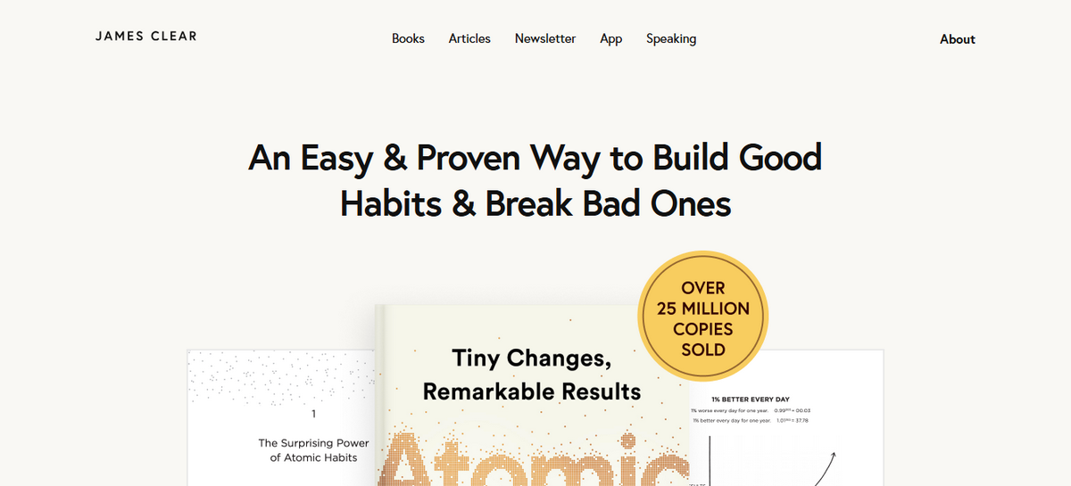 James Clear website promoting Atomic Habits with tagline on building good habits and 25M copies sold.