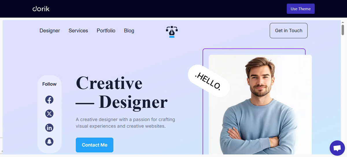 Creative designer portfolio homepage with photo, services menu, and contact button.