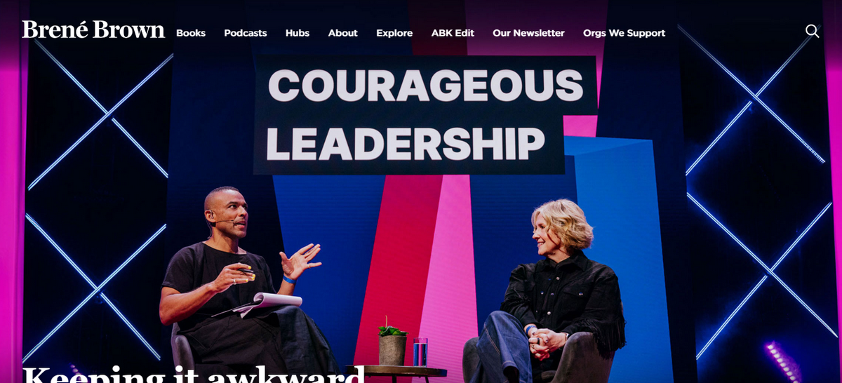 Brené Brown website homepage featuring event banner with 