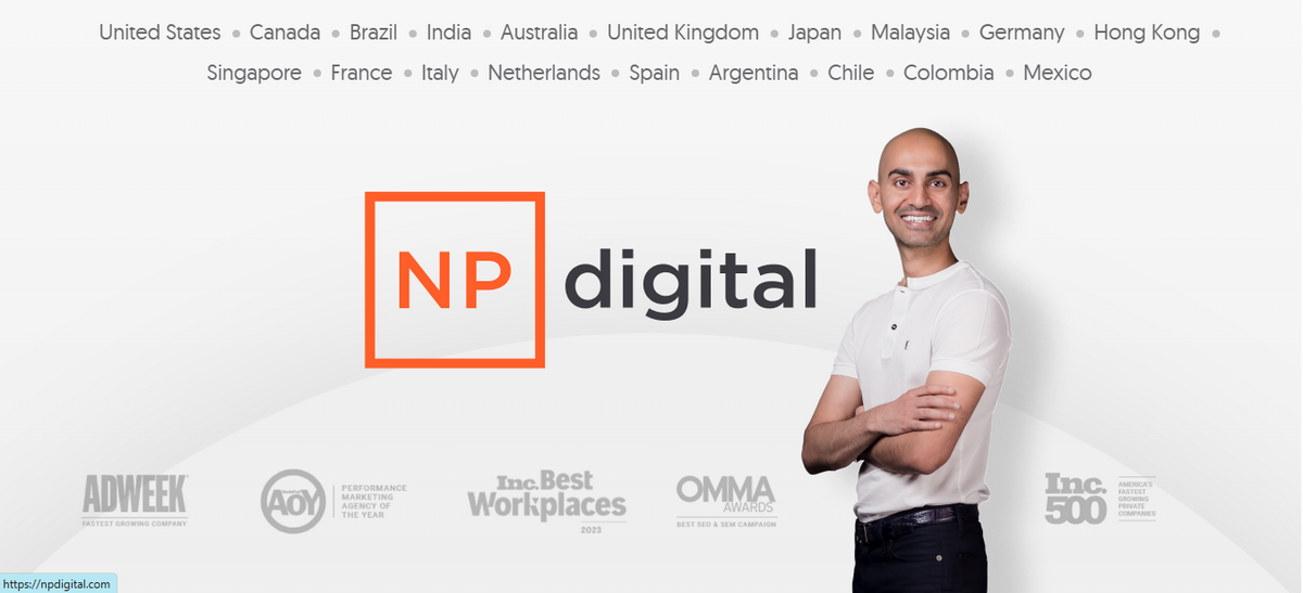 NP Digital homepage with company logo, global locations, and man standing beside.