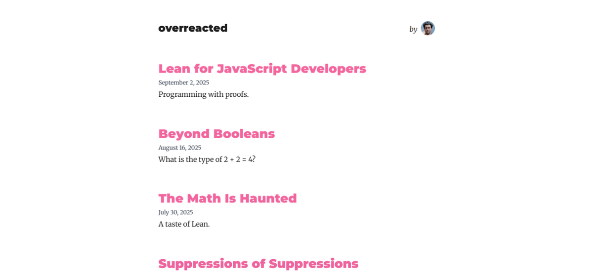 Overreacted blog homepage listing articles with titles in pink and dates below.
