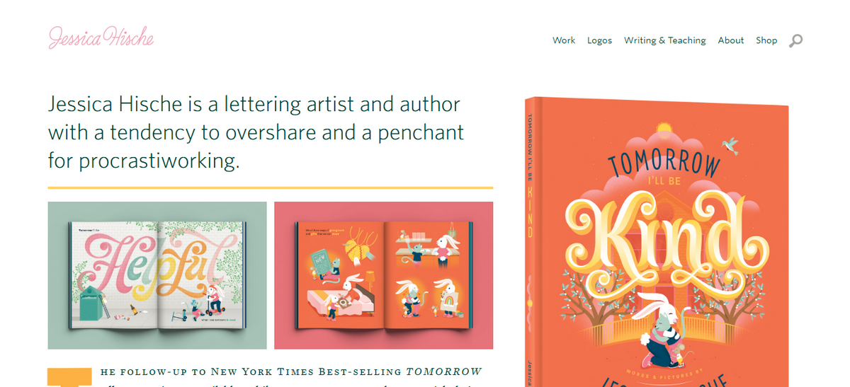 Jessica Hische’s website showcasing her lettering art, books, and author description.