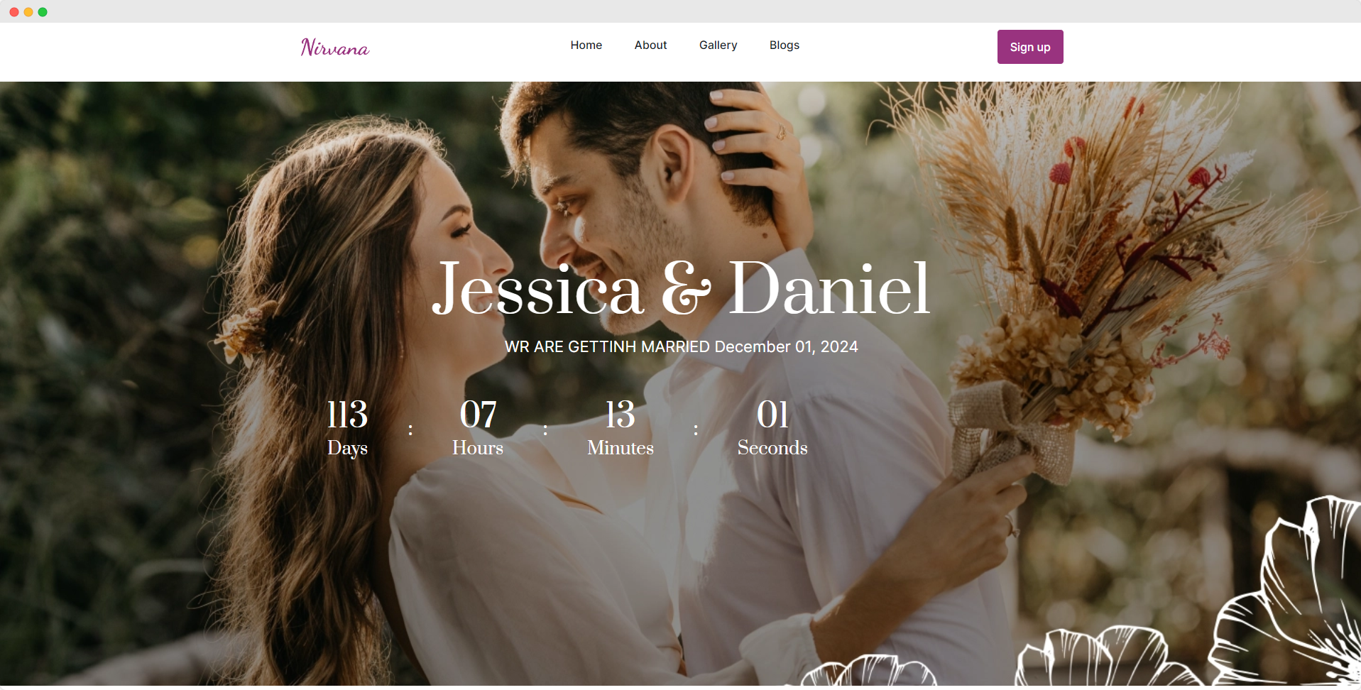 Hero section of a wedding website with bride and groom name along with countdown timer