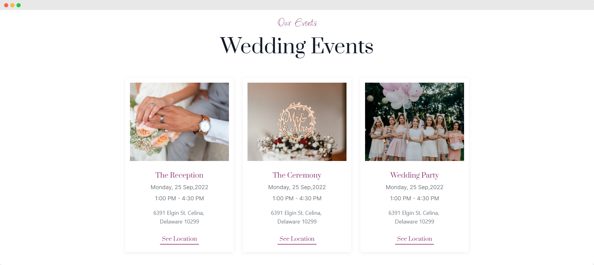 Wedding event details of a wedding website