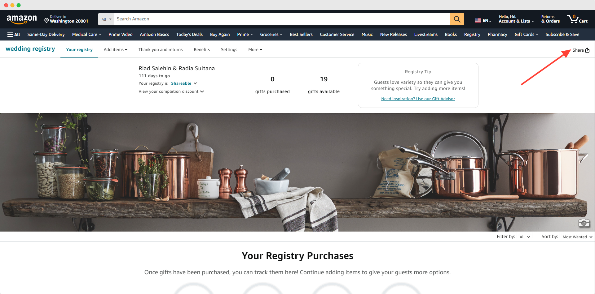 Click on Amazon wedding registry Share button