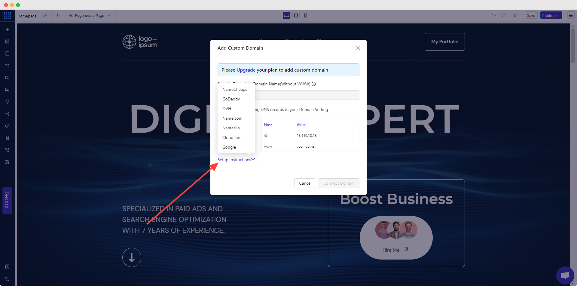 Custom domain connection popup with domain connection guidelines