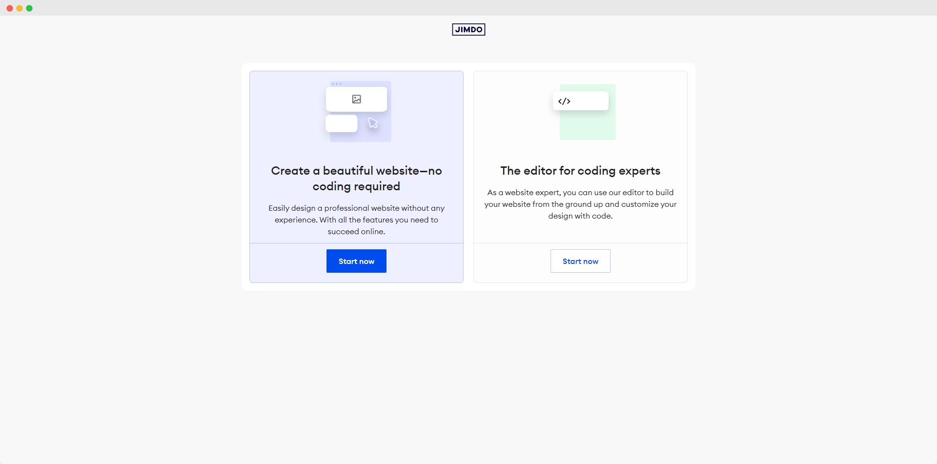 Jimdo first screen to create a website
