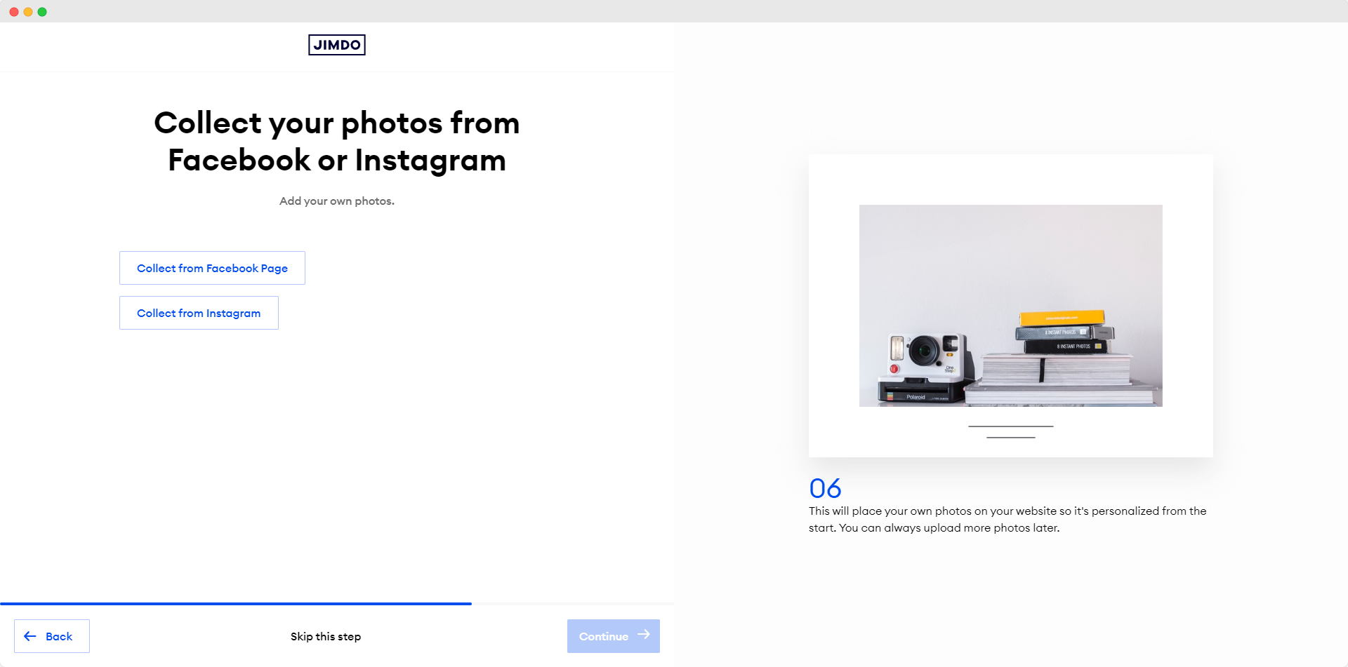import photos from facebook or instagram in Jimdo