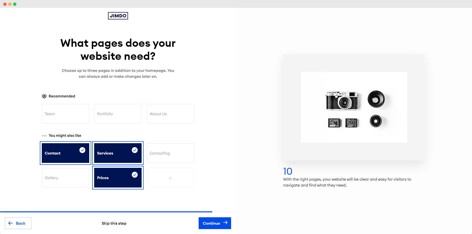 Jimdo question screen before creating a website