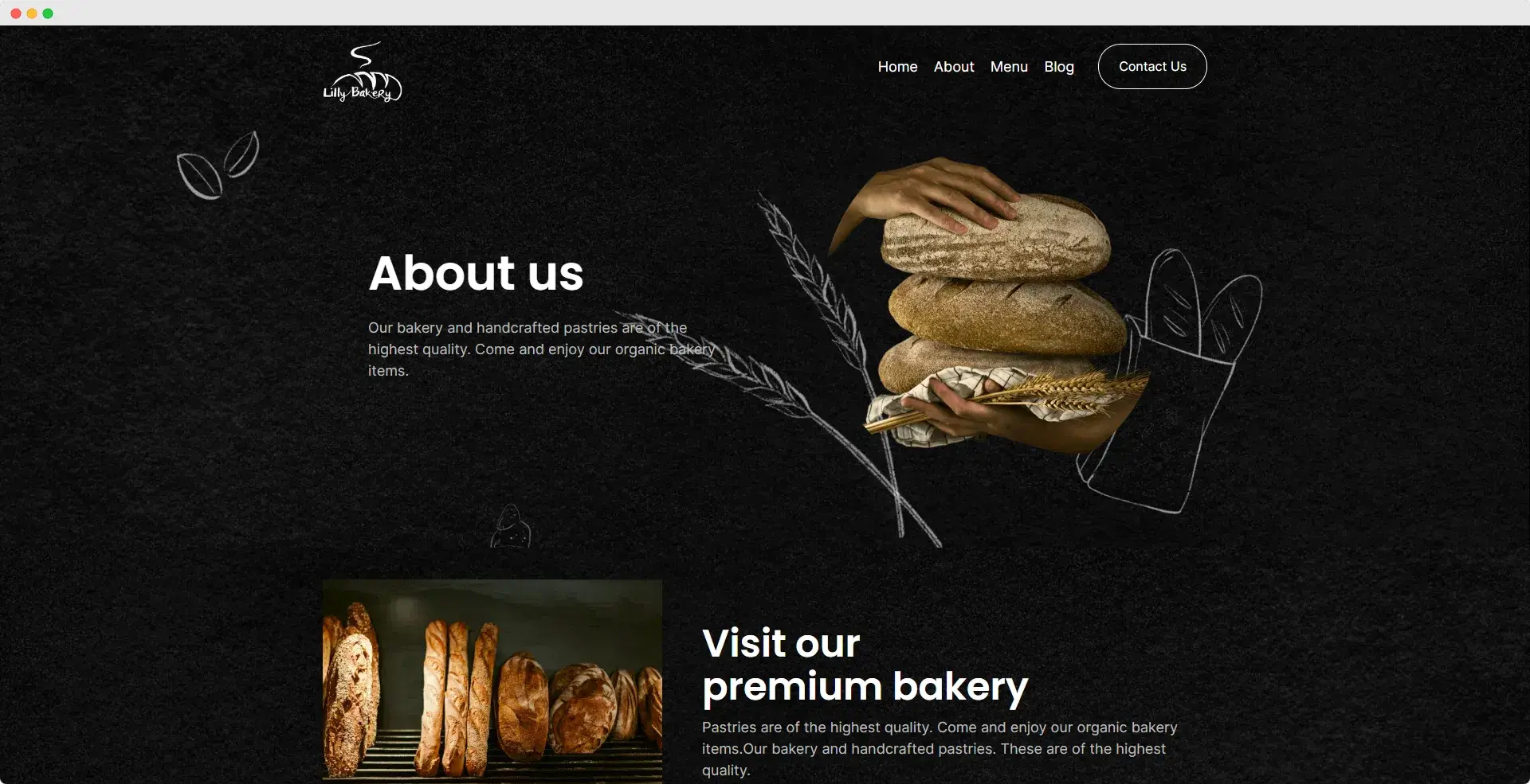 Bakery website About Us page with dark textured background, bread imagery, and premium bakery section.