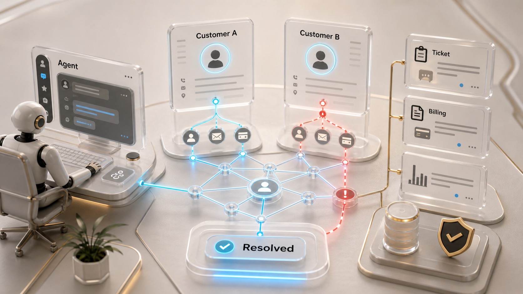 Abstract illustration of two customer silhouettes with entity resolution merging them into one resolved identity, preventing AI agent confusion.