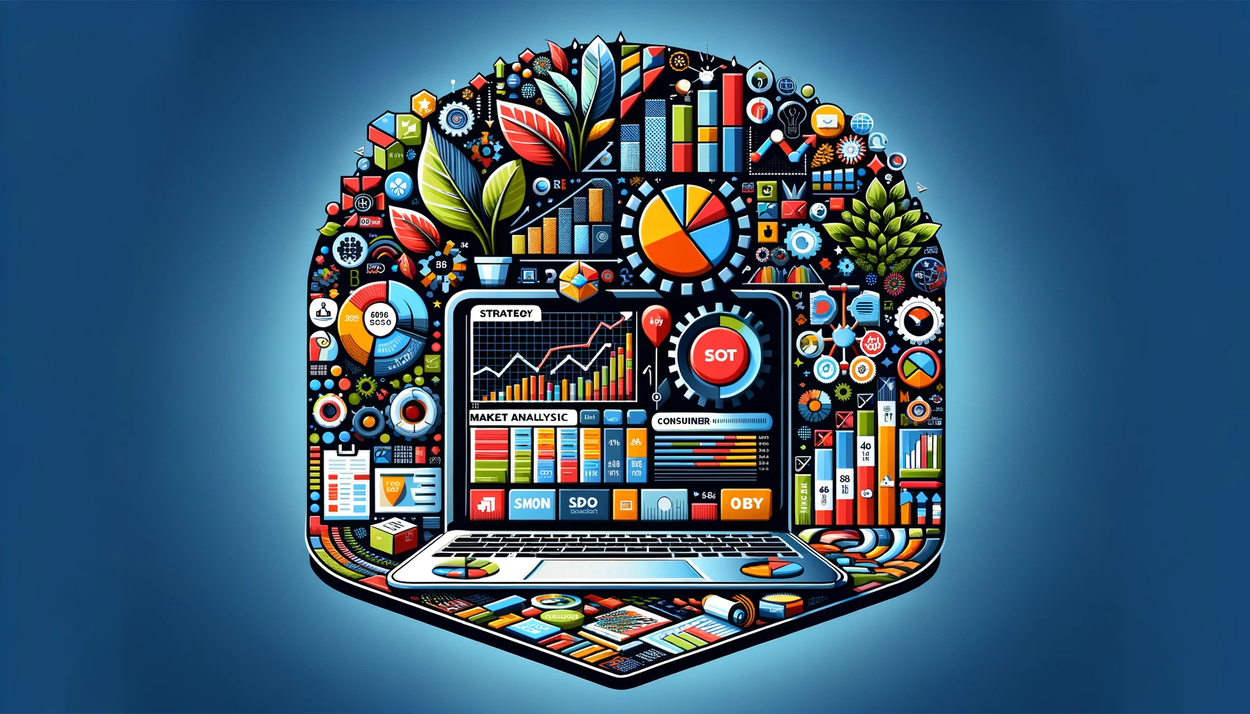 It visually encapsulates the themes of strategy, analysis, and success in product management, featuring elements related to market analysis.