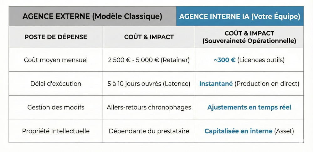 Tableau comparatif infographique montrant les gains de coûts et de rapidité entre l'externalisation en agence marketing classique (cher, lent) et l'internalisation de la production via une équipe formée à l'IA (économique, instantané).