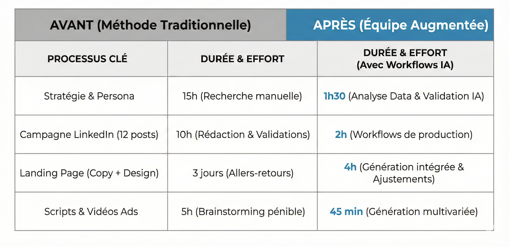 Tableau infographique comparatif "Avant vs Après" illustrant les gains de productivité massifs d'une équipe marketing augmentée par l'IA sur la création de stratégie, campagnes LinkedIn et landing pages face aux méthodes traditionnelles.