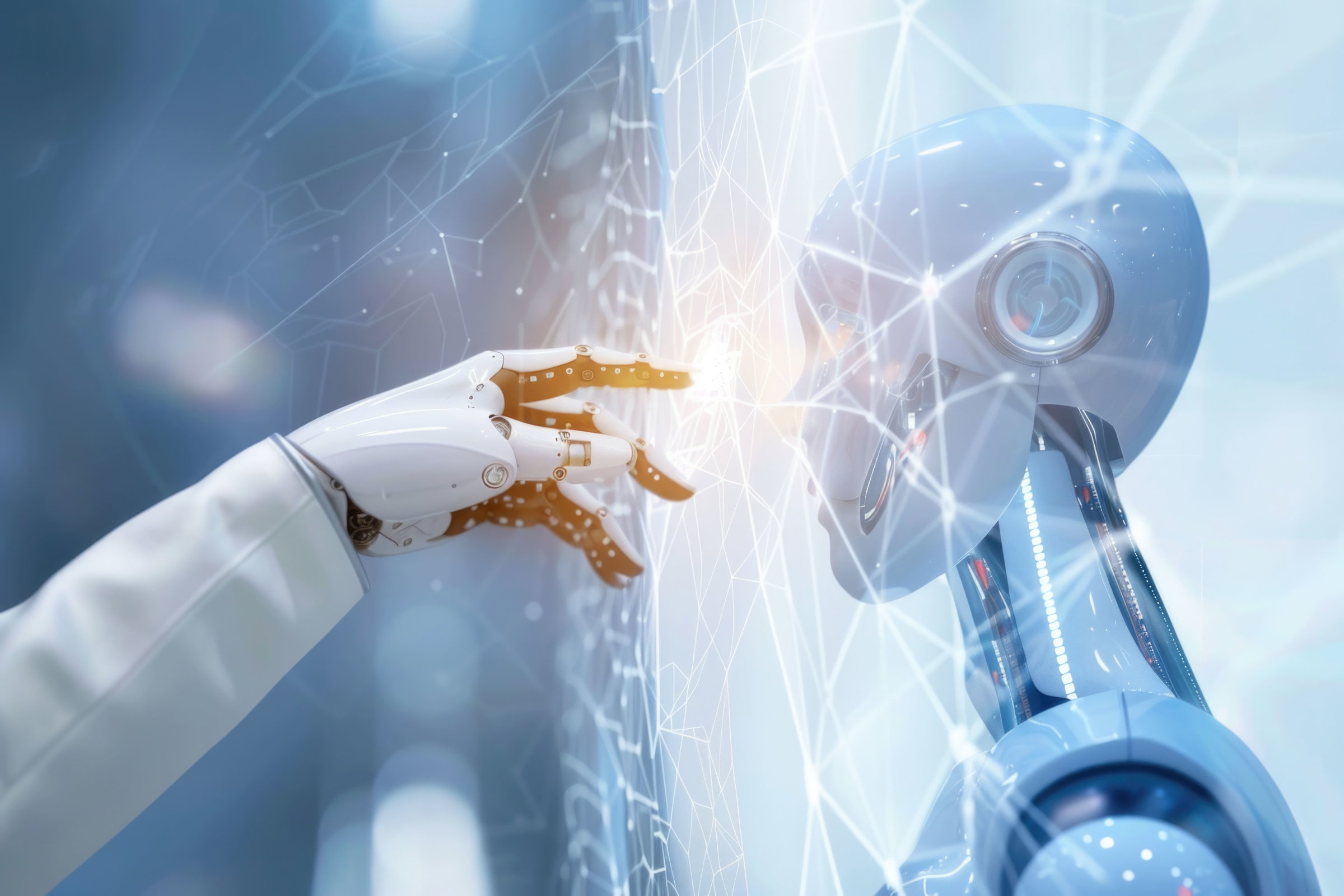 Illustration d'une main robotisée et d'un humanoïde, représentant l'impact de l'IA sur le monde du travail et la puissance des nouvelles technologies