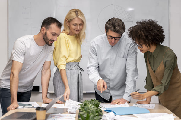 Illustration de 4 collaborateurs qui repensent l'organisation de leur temps de travail pour réussir la semaine en 4 jours