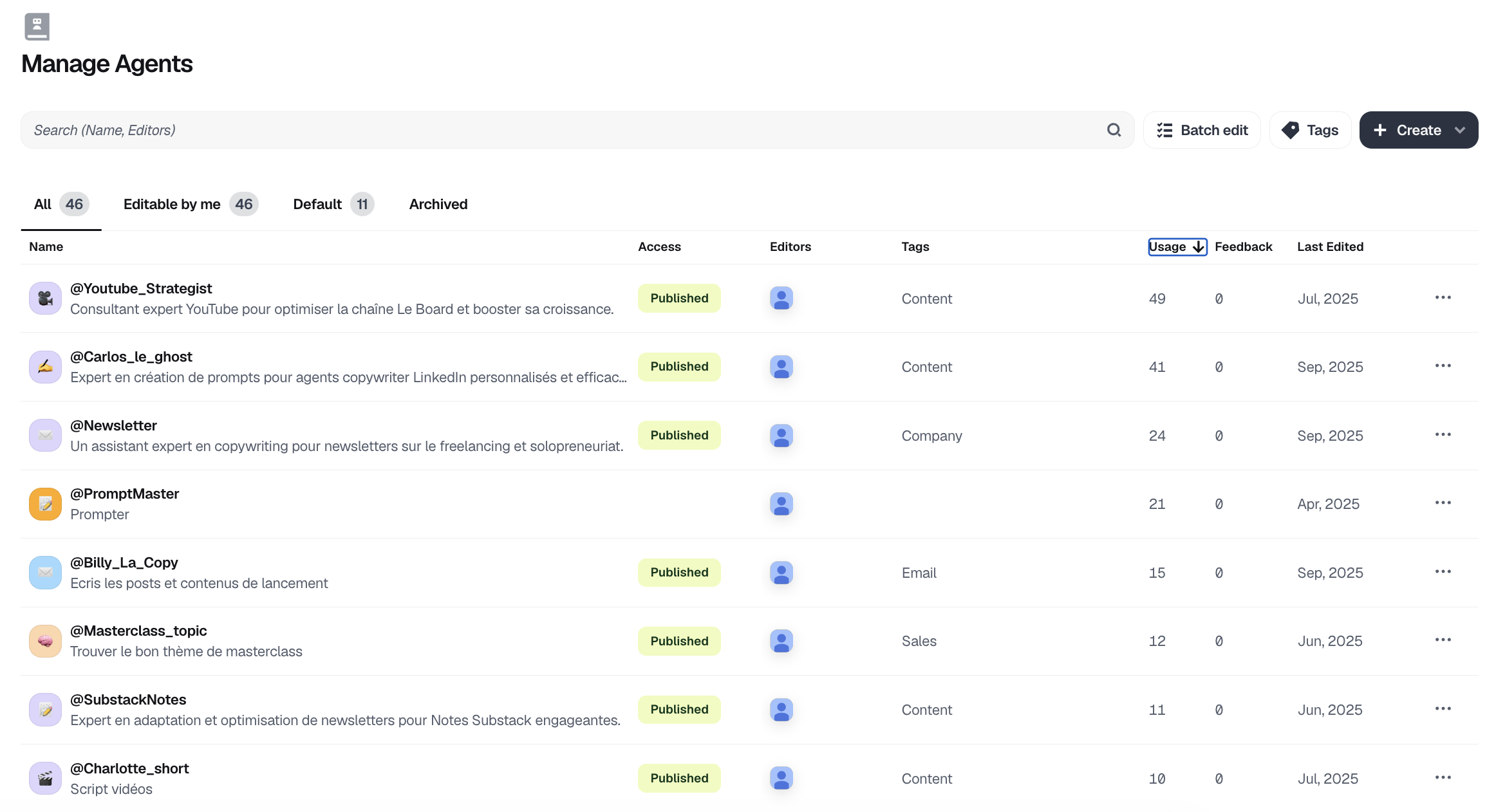 Aperçu de mon équipe d'agents IA de solopreneur dans Dust.tt